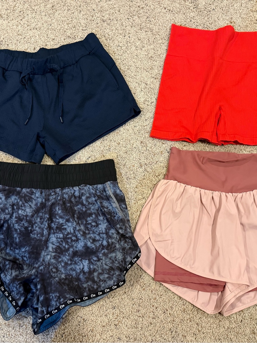 ZYIA Four-Piece Active Shorts Set - Navy, Red, Pink, Black Tie-Dye